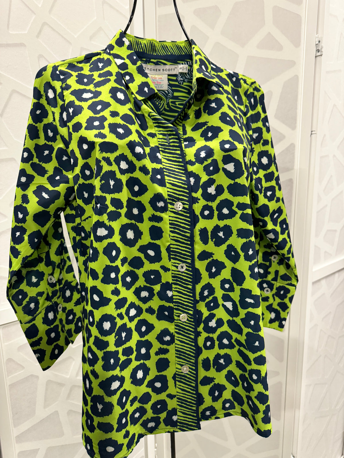 Gretchen Scott - Lime Navy Cheetah Button Up Top