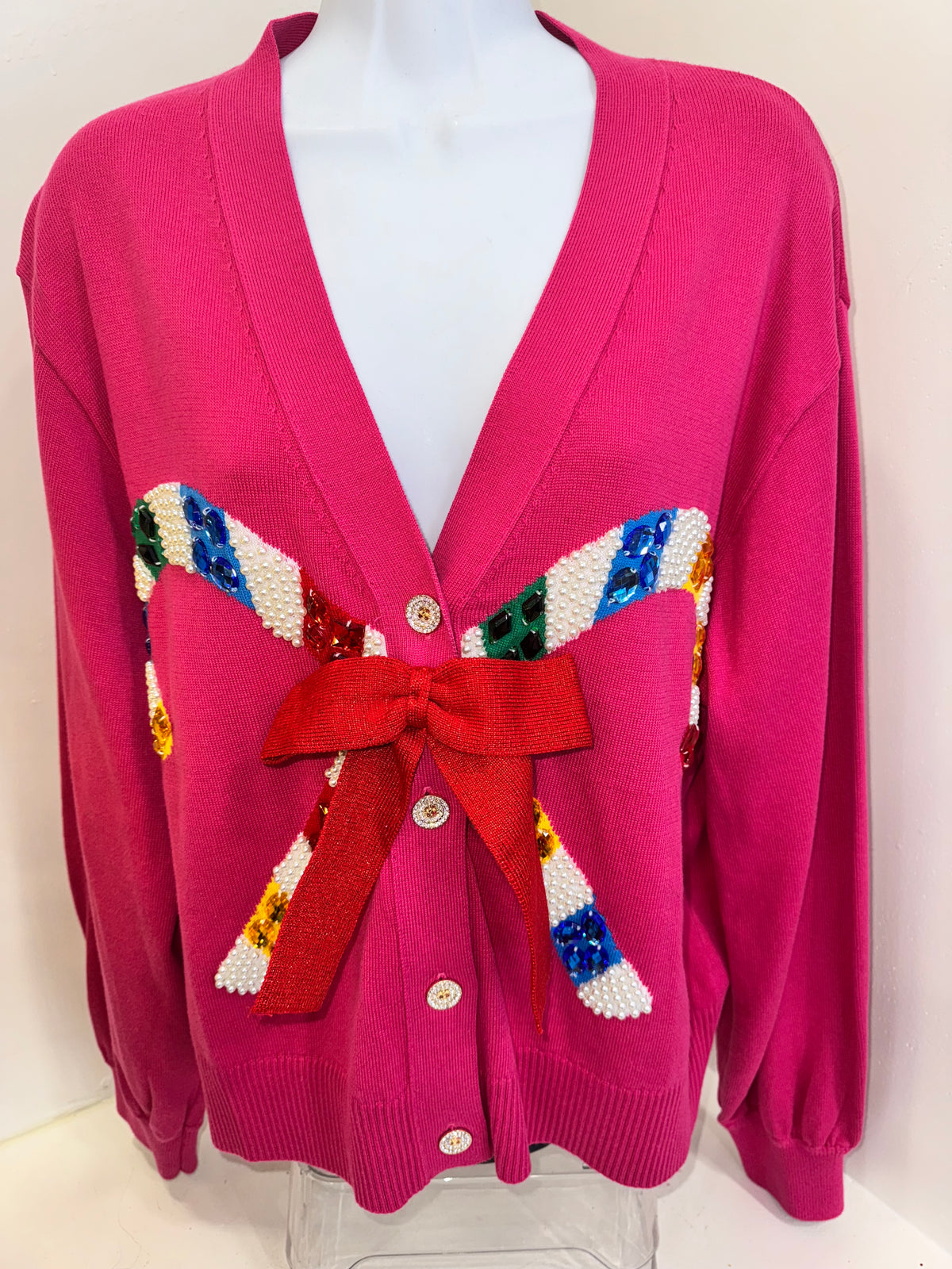 Queen of Sparkle-Hot Pink Candy Cane Cardigan