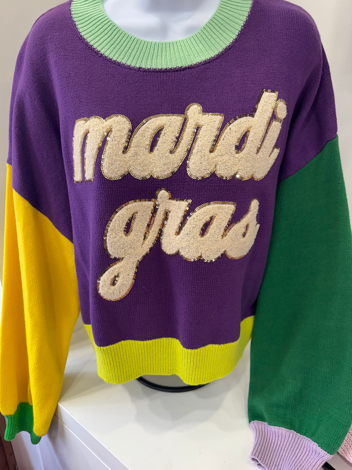 Queen of Sparkles-Mardi Gras Color Block Sweater