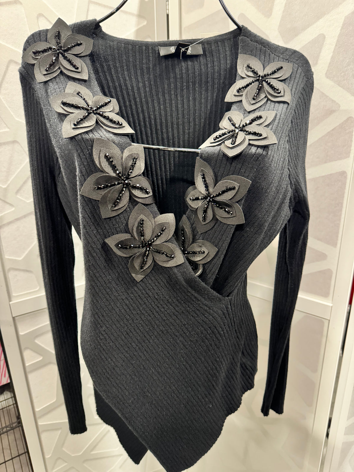 AZI - Fancy Black Wrap Sweater Blingy Flower Neckline