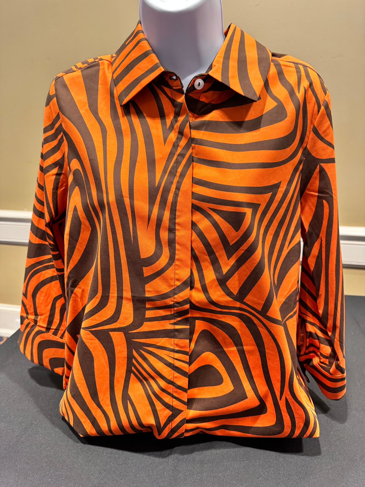 Perlavera - Retro Orange with Groovy Brown Stripes Button Up Top