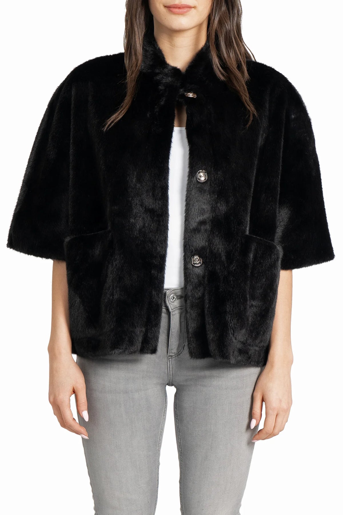 Love Token - Black Short Sleeve Faux Fur Jacket