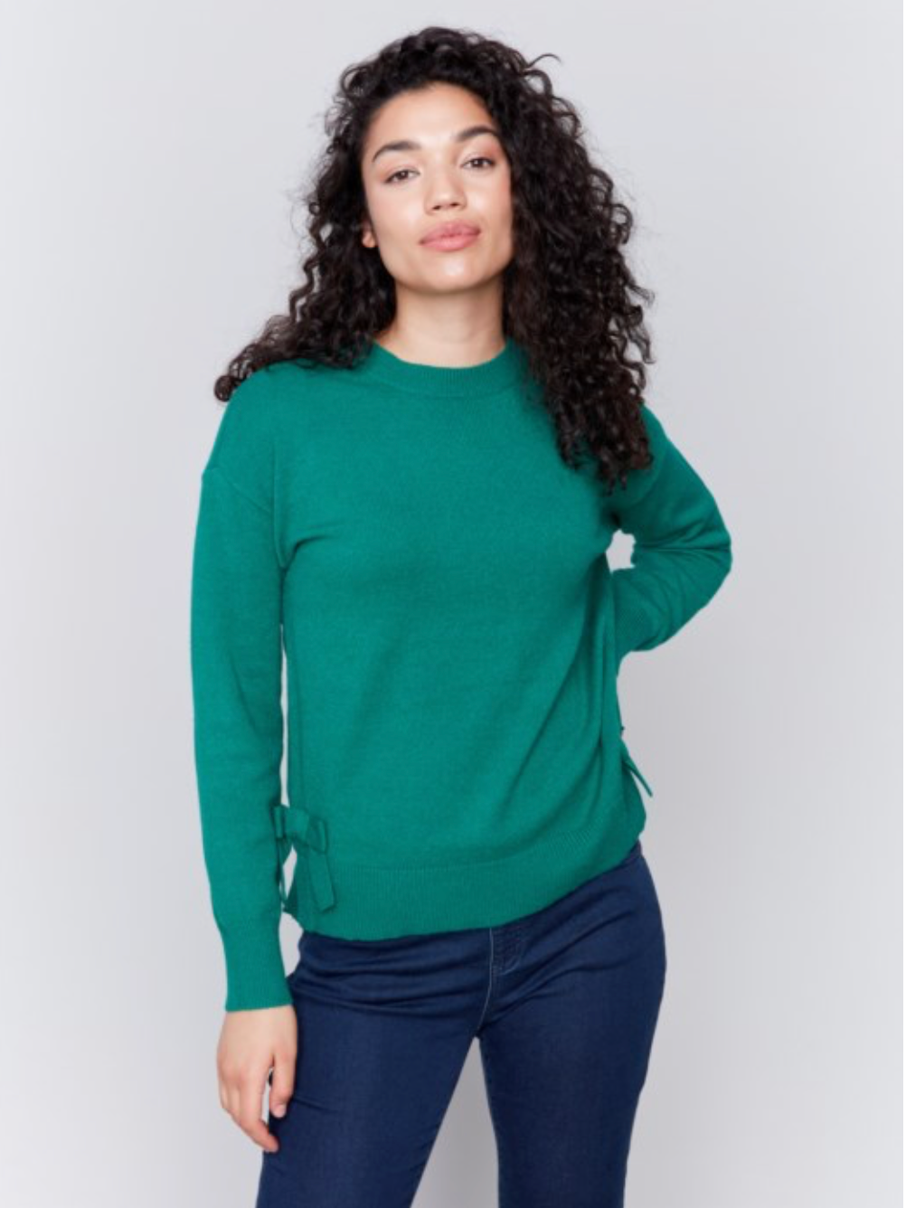 Charlie B - Green Crew Neck Sweater with Side Bows