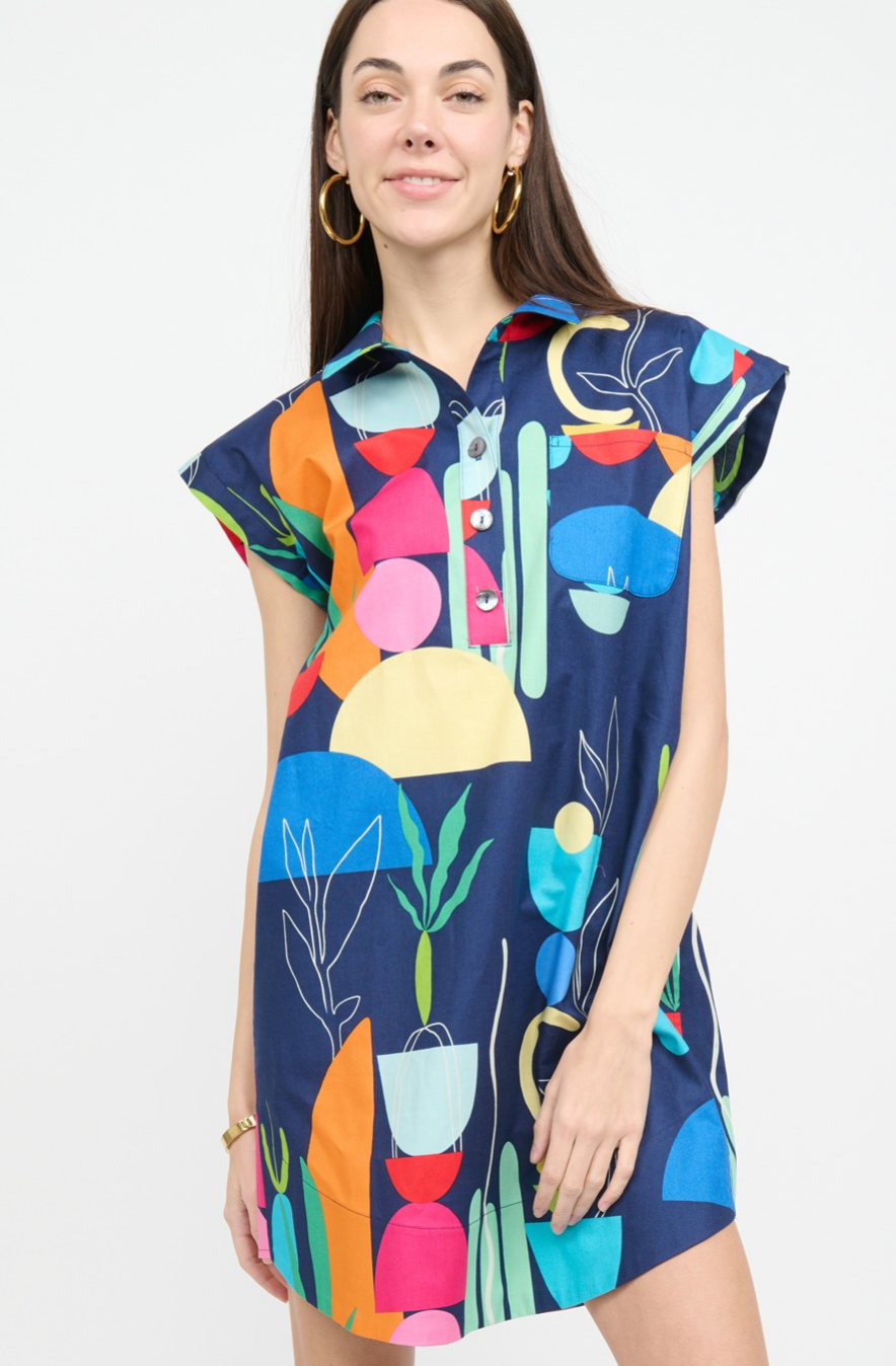 Uncle Frank - Navy Multi Color Geo Print Shirt Dress