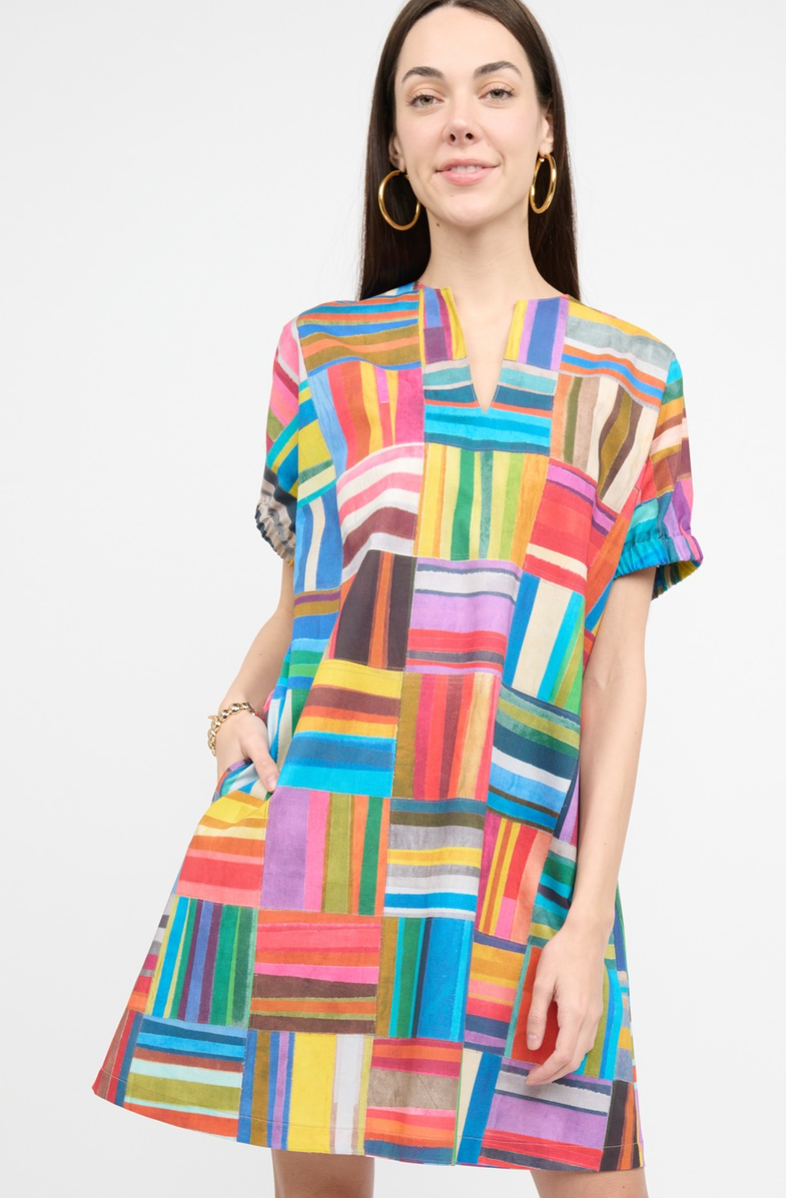 Uncle Frank - Multi Color Stripes and Squares Pattern Dress