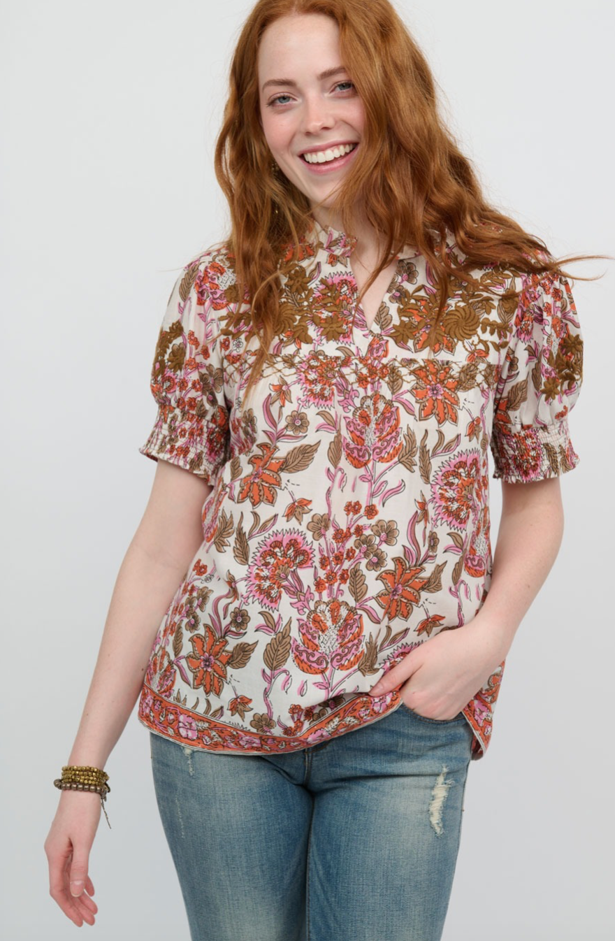 Sister Mary - Coral Border Short Sleeve Top with Embroidery