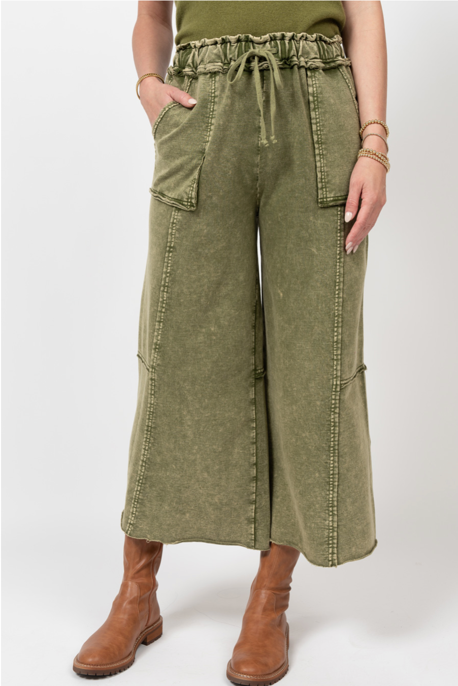 Ivy Jane - Olive Drawstring Denim Cargo Wide Leg Pant