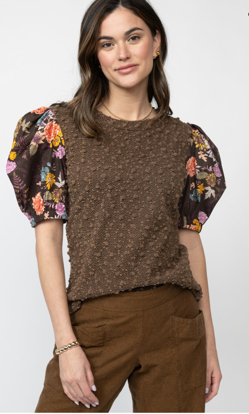 Ivy Jane Brown Top with Multi Color Puff Sleeves