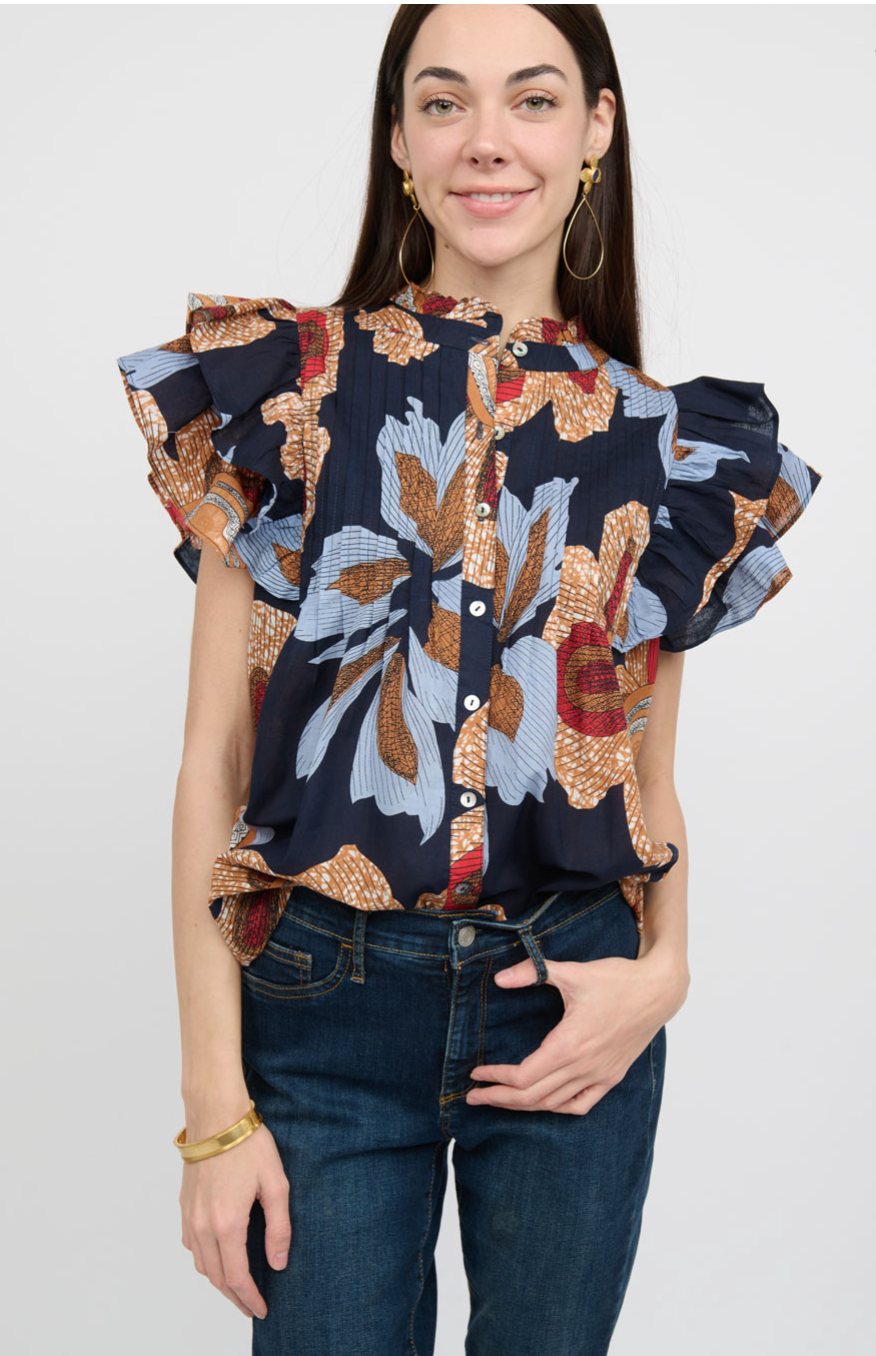 Ivy Jane - Blue Multi Ruffle Cap Sleeve Top