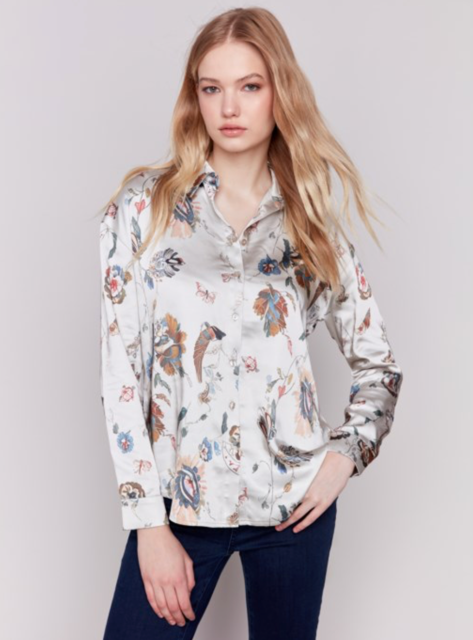 Charlie B - Printed Satin Button Up Top