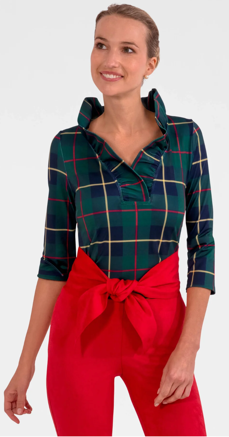 Gretchen Scott -Stand Up Ruffle Neck Top - Green Plaidly Cooper (Copy)