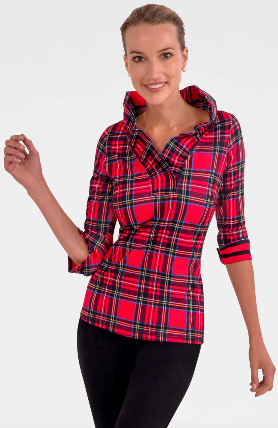 Gretchen Scott -Stand Up Ruffle Neck Top - Red Plaid