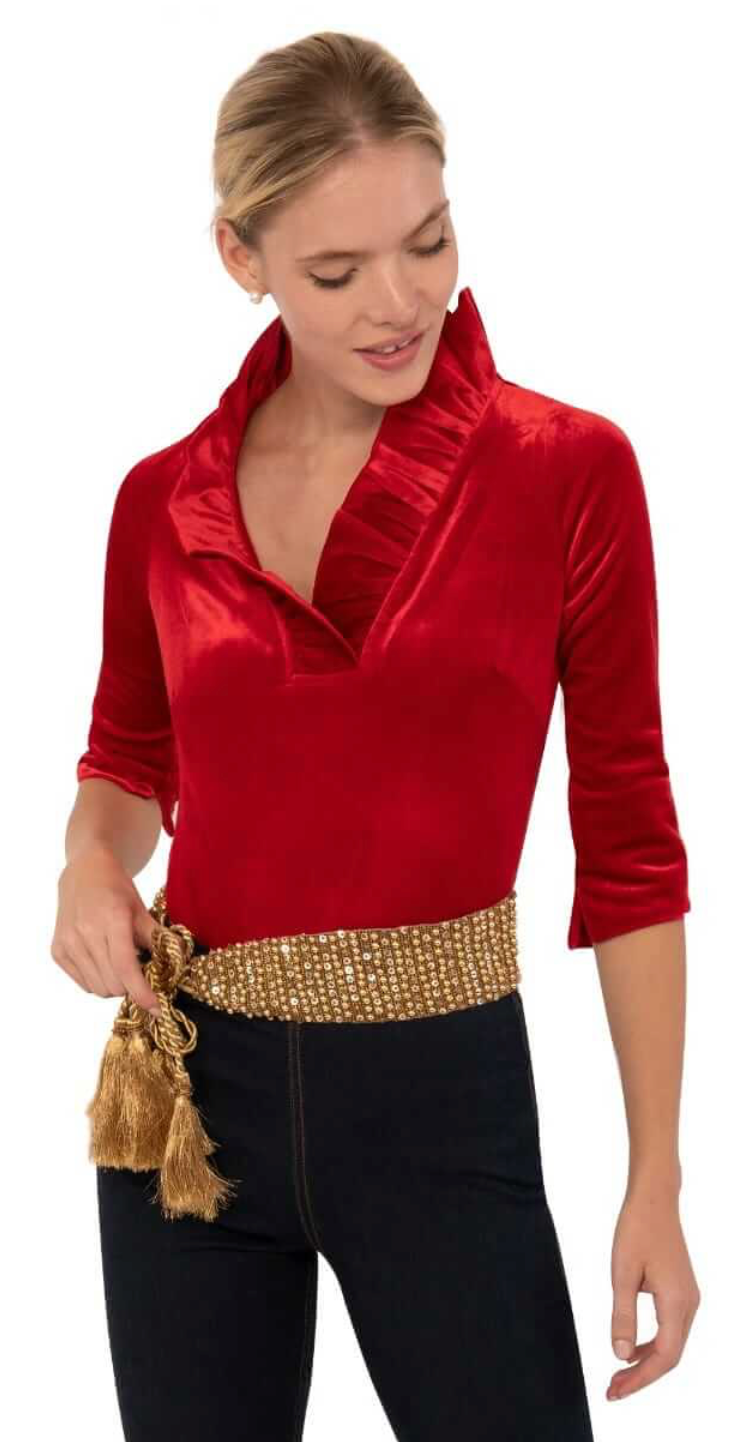 Gretchen Scott -Stand Up Ruffle Neck Velvet Top - Red