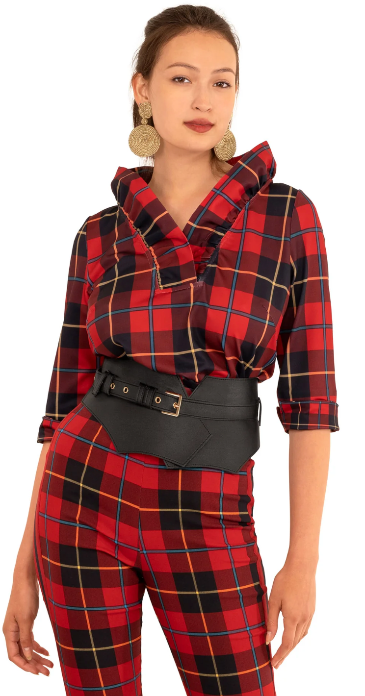 Gretchen Scott -Stand Up Ruffle Neck Top - Red Plaidly Cooper